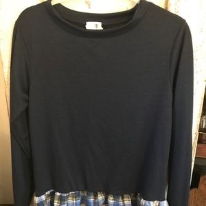 Navy Blue Plaid Ruffle Hem Long Sleeve Top